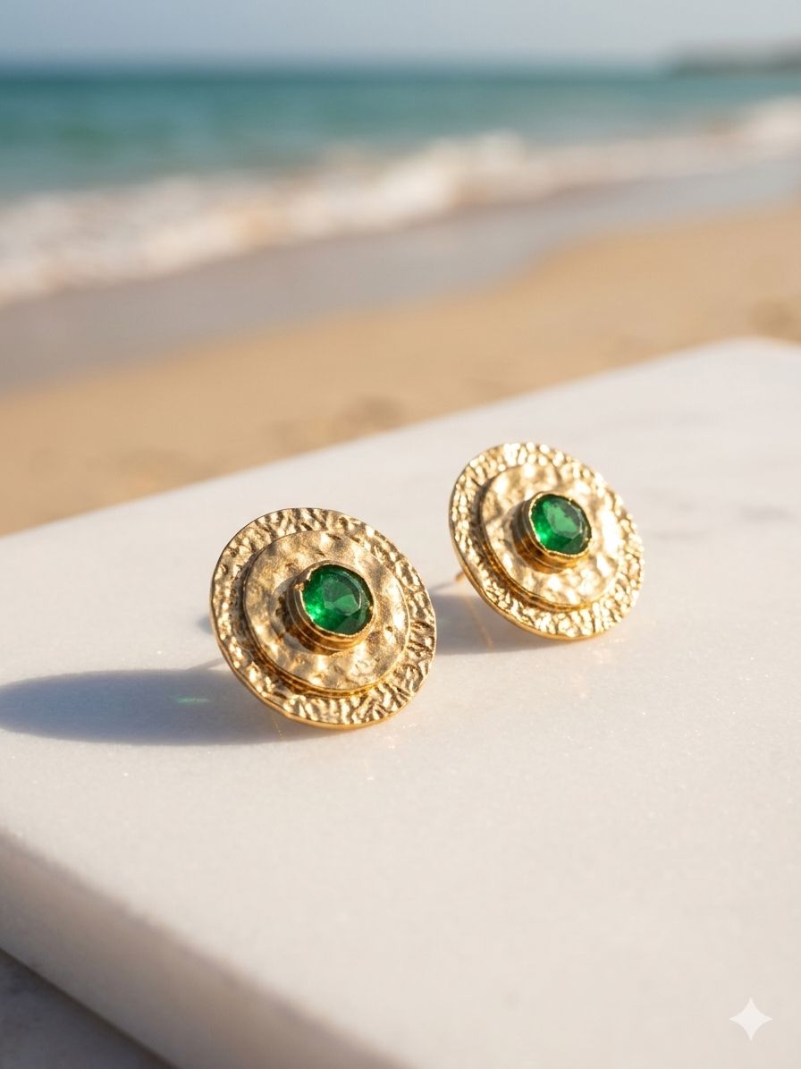 Golden eartops with green stone