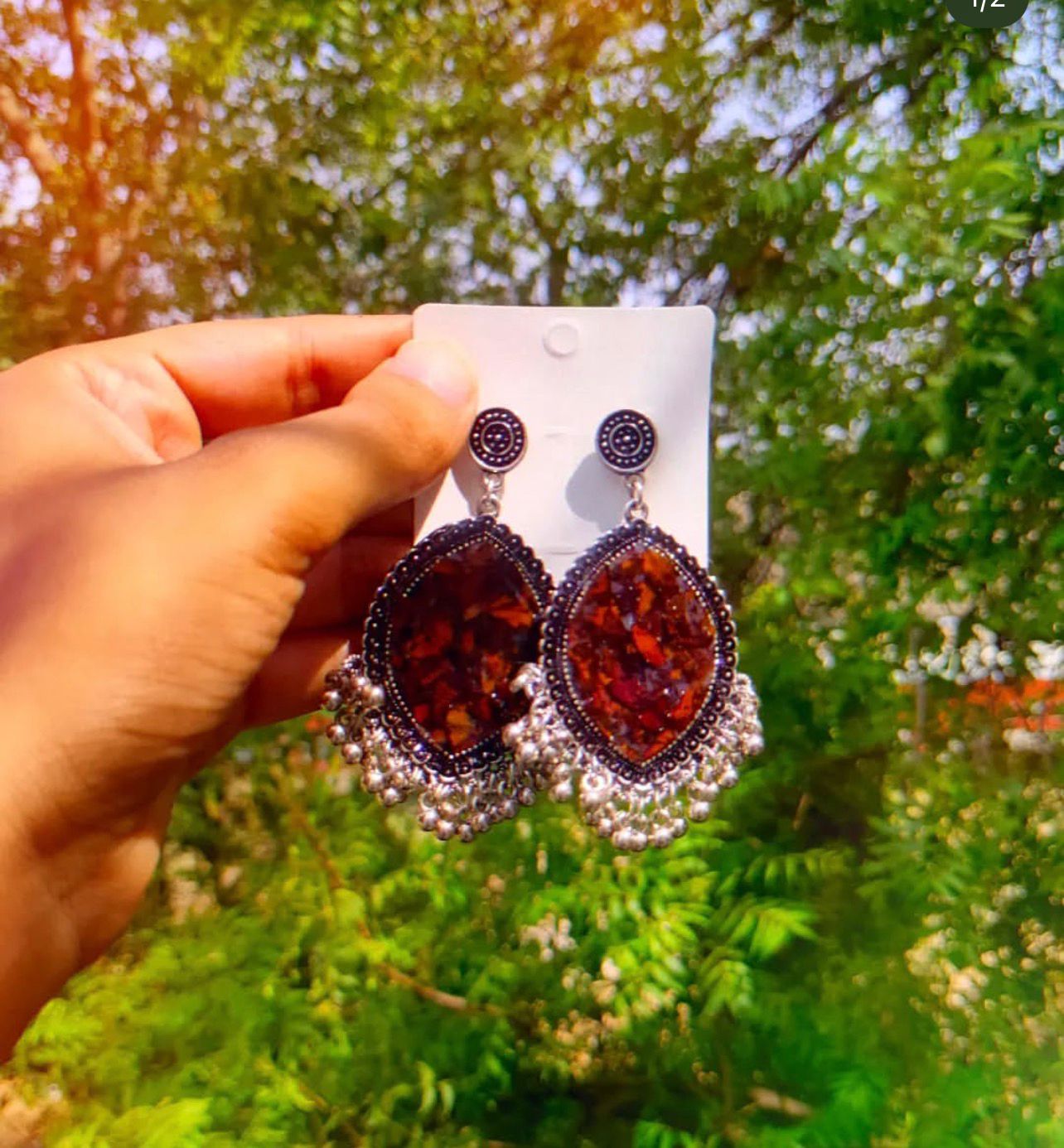 Rose petal resin oxidised earrings